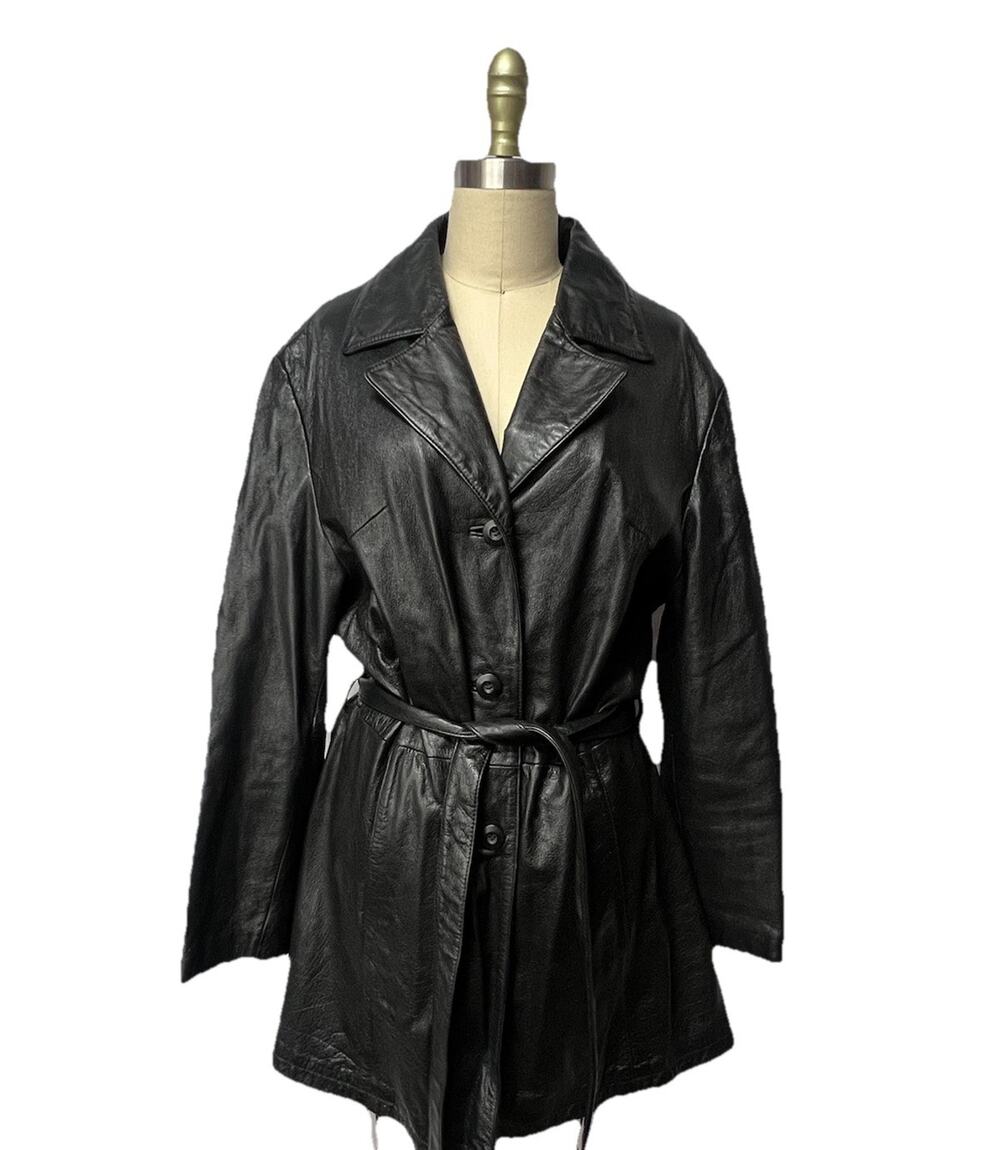 Vintage Women's Wilsons Leather Belted Trench Coat Black Size XL Long SOFT